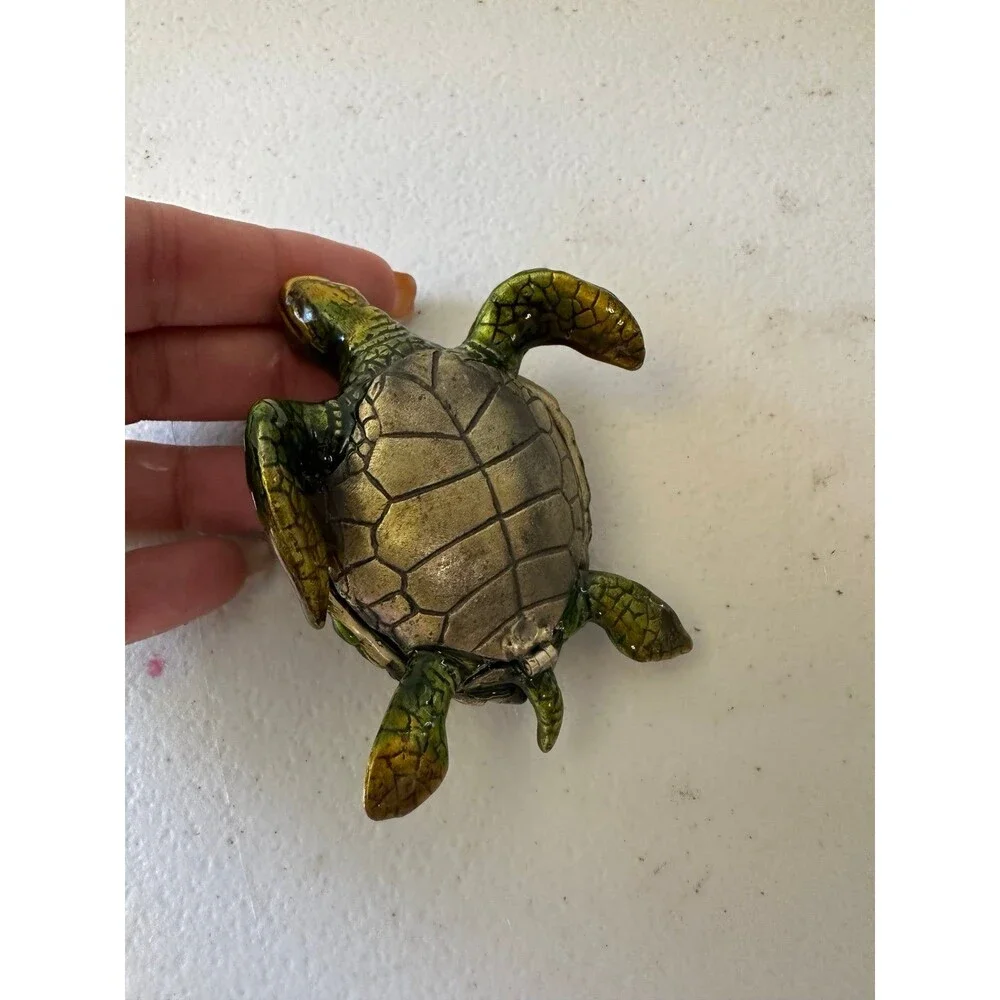 Bejeweled Green Sea Turtle Hand Painted Enamel Magnetic Hinged Trinket Box